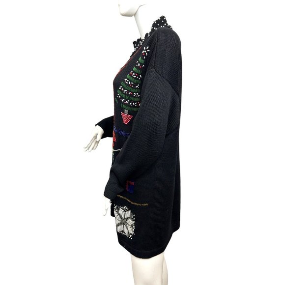 Christmas Tunic Sweater Victoria Jones Vintage 90’s M/L Black Beaded Pearls Mock - Picture 3 of 17